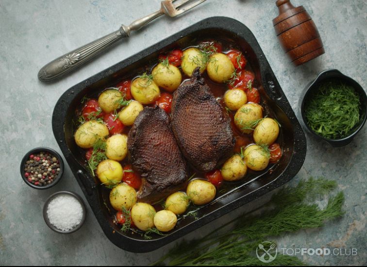 Roasted Duck Breast with Baked Potatoes and Cherry Tomatoes