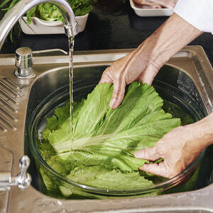 моет листья салата