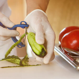 Peel cucumber, remove seeds, cut into small pieces. The same do with tomatoes.