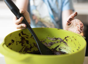 Stir together the flour, sugar, cocoa powder.