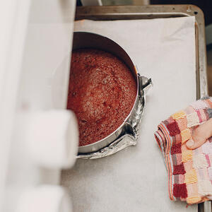 Bake three cakes in a preheated oven to 170C