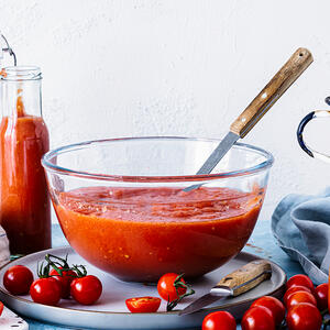 Season and dilute the gazpacho mixture