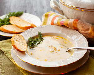 Serve the fish soup with oyster crackers and grilled bread