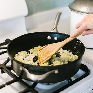 Saute onions with celery and add flour while mixing
