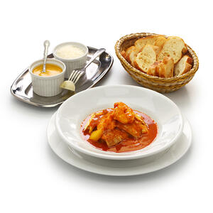 serve with garlic toast with cheese and rouille sauce