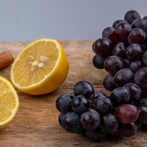 cut the grapes and lemon