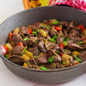  add the chicken liver, red pepper, carrot. Let it cook until the liver is ready