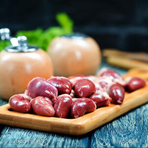 Trim the fat from the chicken hearts