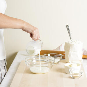 Remove milk from the fridge in advance to warm it up. Then pour in into a bowl.