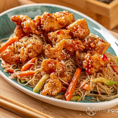 Fried chicken with teriyaki sauce and veggies