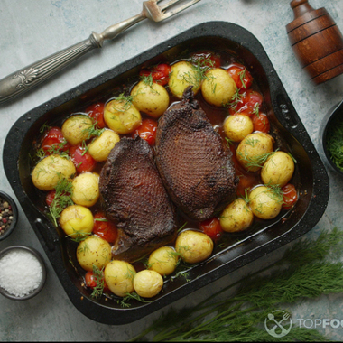 Roasted Duck Breast with Baked Potatoes and Cherry Tomatoes